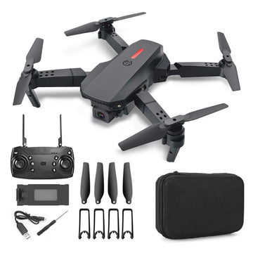 E88 drone with 4K HD camera, remote controller, spare blades, and carrying case for enhanced aerial photography.