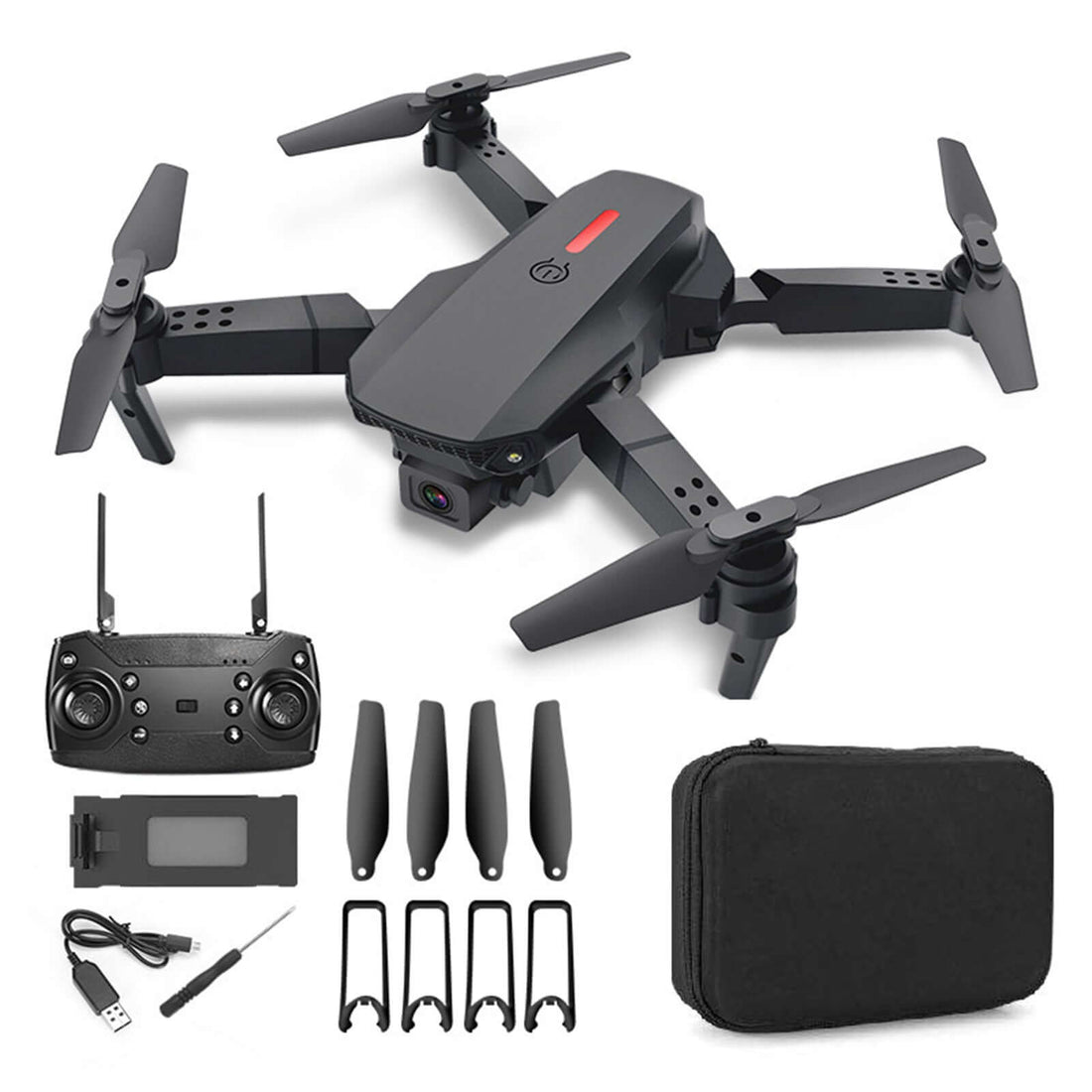 E88 drone with 4K HD camera, remote controller, spare blades, and carrying case for enhanced aerial photography.