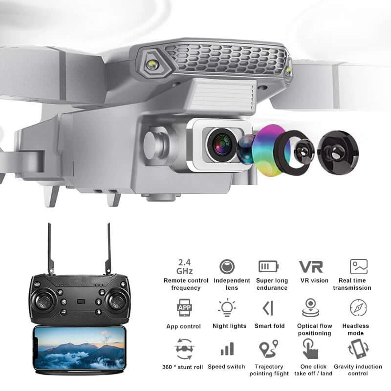 E88 drone with 4K HD camera, remote controller, spare blades, and carrying case for enhanced aerial photography.
