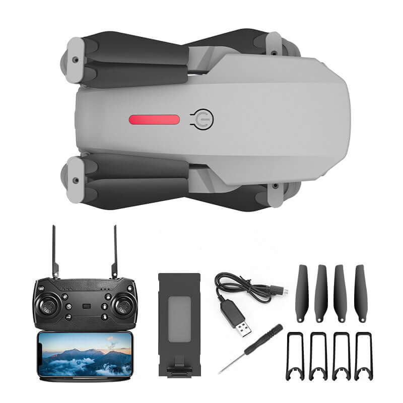 E88 Drone with 4K camera, remote control, USB cable, and spare propellers for RC quadcopter enthusiasts.