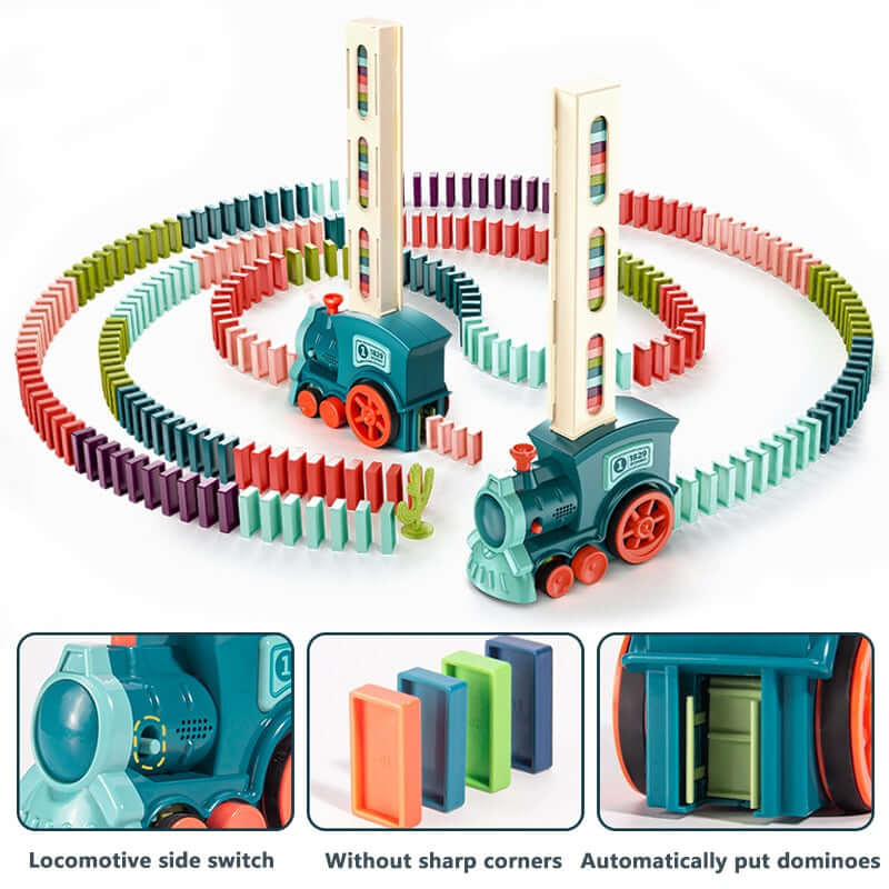 Automatic Domino Train Toy with colorful dominoes arranged in loops, showcasing effortless domino placement.