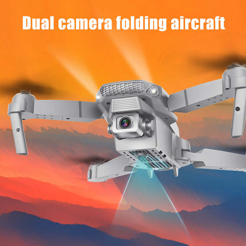 E88 Drone with 4K dual camera, featuring folding design and vibrant sunset background, perfect for aerial photography.